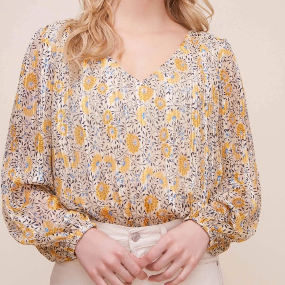 Astr Womens Yellow Balloon Sleeve V Neck Ribbed Floral Blouse Top